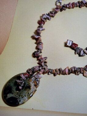 Handmake Jasper and Rhodonite Stone Necklace with Donut Pendat